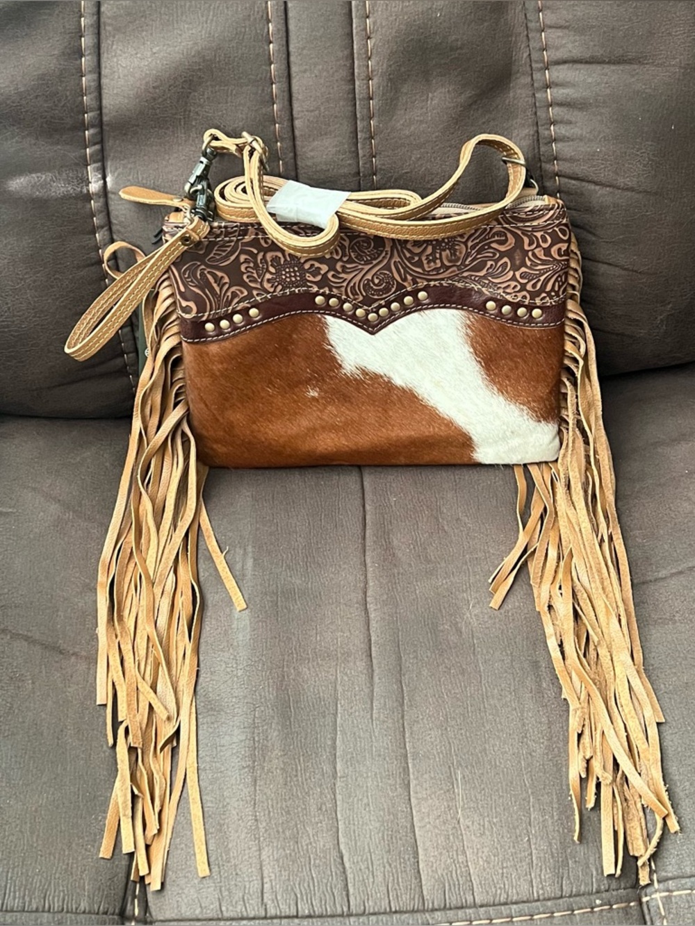 Myra Bag Brown & White Fringe Cowhide Shoulder Bag